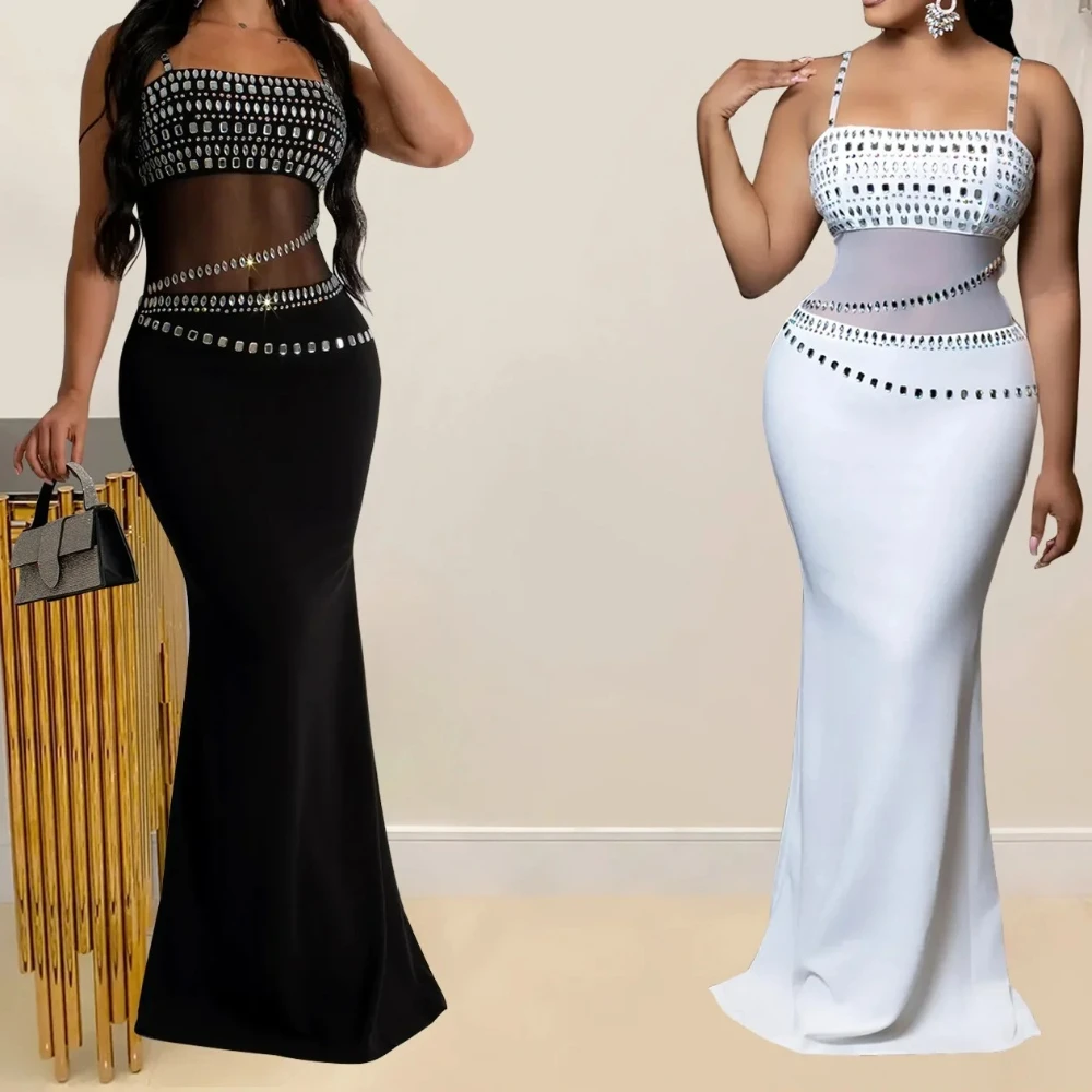 

Rhinestone Elegant Party Dress Women For Wedding Cocktail Prom Dress Mesh Black White Sexy Long Formal Evening Dresses