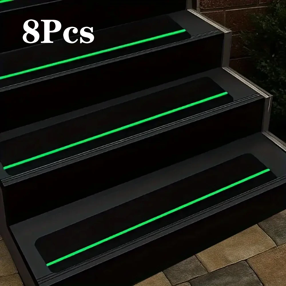 8Pcs Glow In Dark Anti Slip Tape Stair Treads, 4inch x 24inch Non-Slip Traction Mats, Safety Step Pads for Indoor Outdoor Stairs