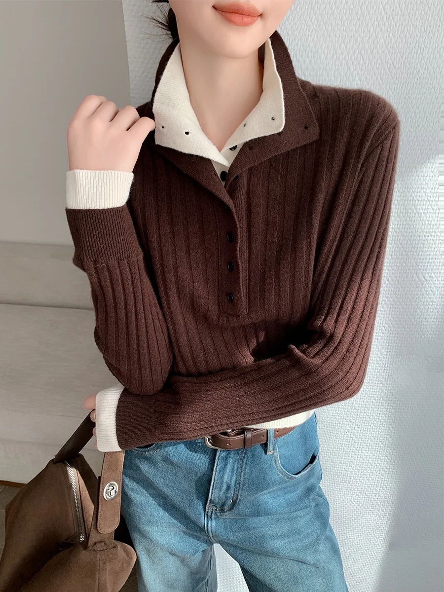 

Карамельный вязаный свитер с воротником, имитация двухслойности, повседневный, удобный, женский, осенне-зимний, новый, для работы и отдыха