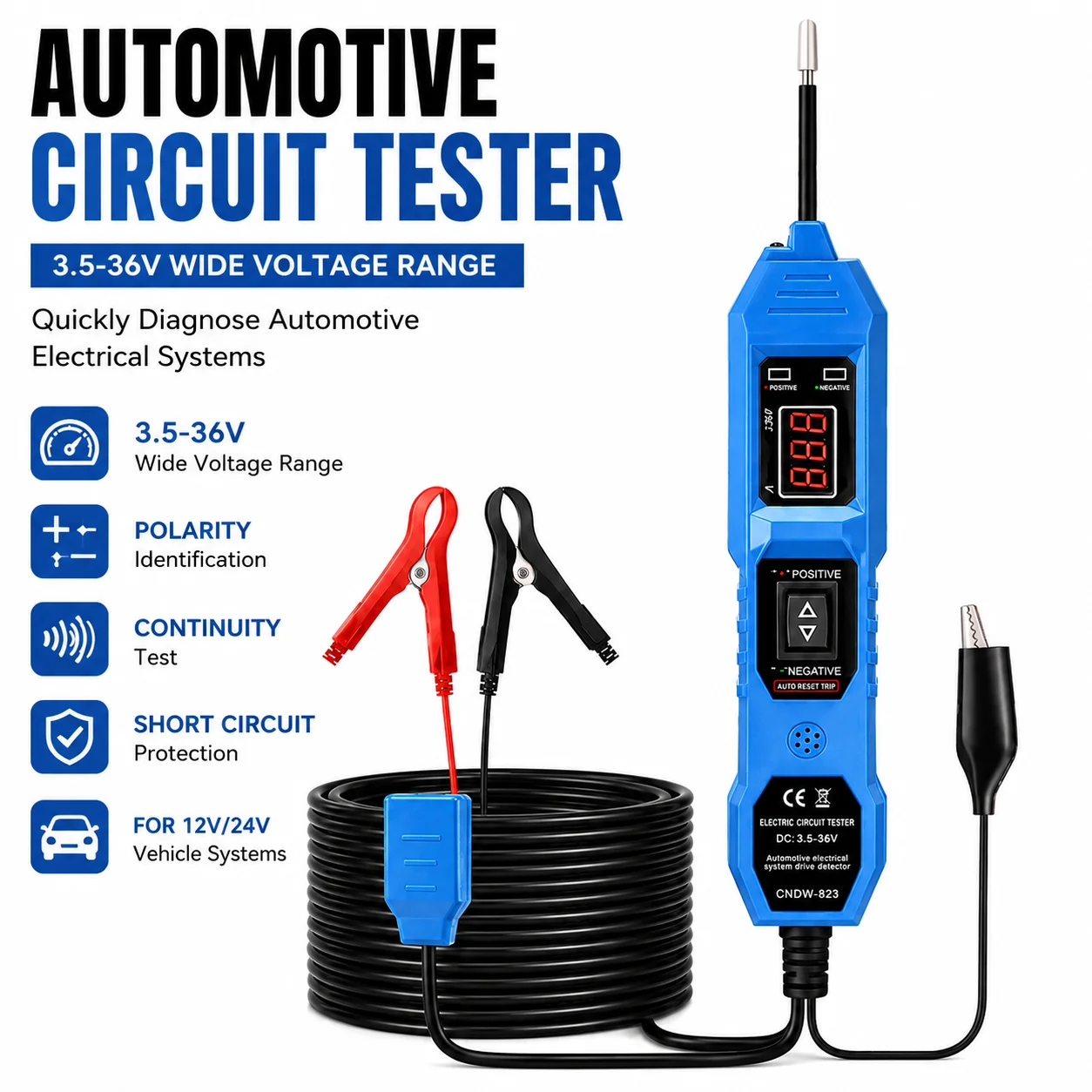 Automotive Circuit Tester 3.5-36V Voltage Polarity Continuity Tester Short Circuit Detector for 12V 24V Vehicle Electrical
