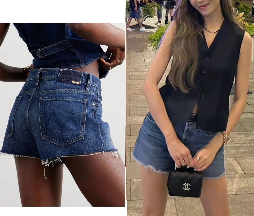 2024SS New High Waist Washed Blue Bearded Edge Denim Shorts for Women Bottom Jeans Short Pants