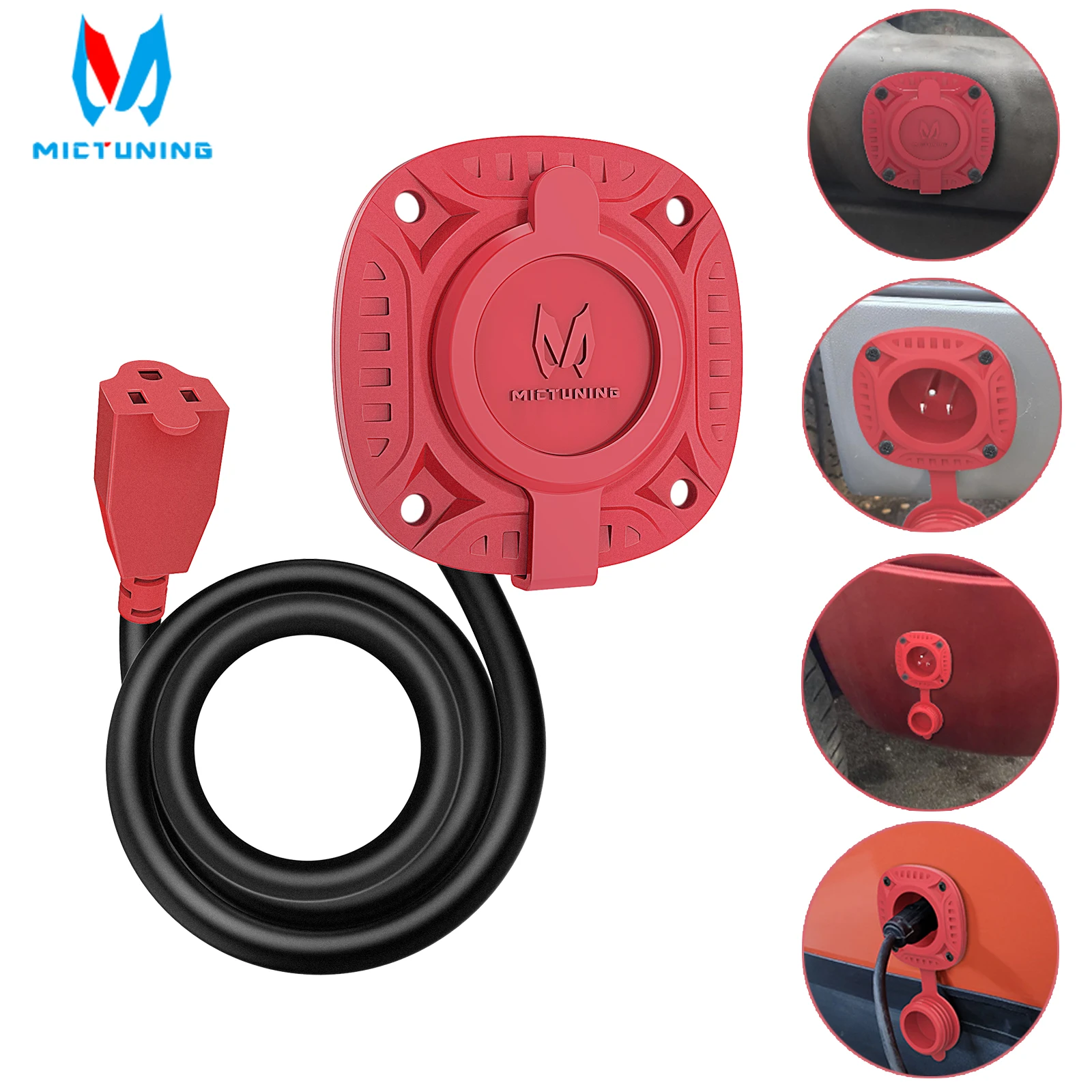 

MICTUNING Water-Resistant Red Cap 125V AC Power Port Plug with 20" Integrated Heavy Duty Extension Cord for Battery Charger Car