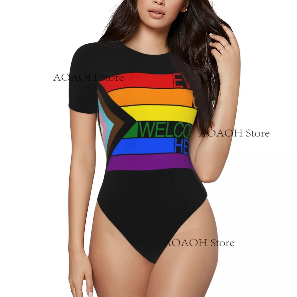 Pride Flag Rainbow Women's Casual Crewneck Leggings Jumpsuit Tight Sexy Short Sleeved