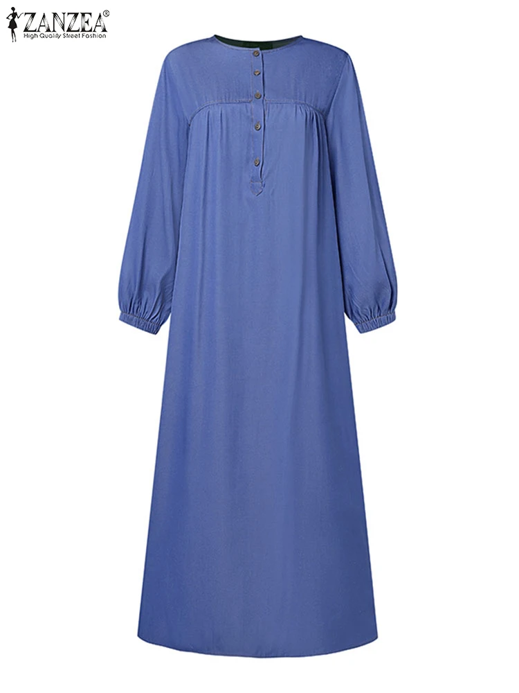 2024 ZANZEA Women Muslim Dresses  Vintage Abaya Hijab Dress Jilbab Islamic Clothing Fashion Long Sleeve Denim Blue Maxi Sundress