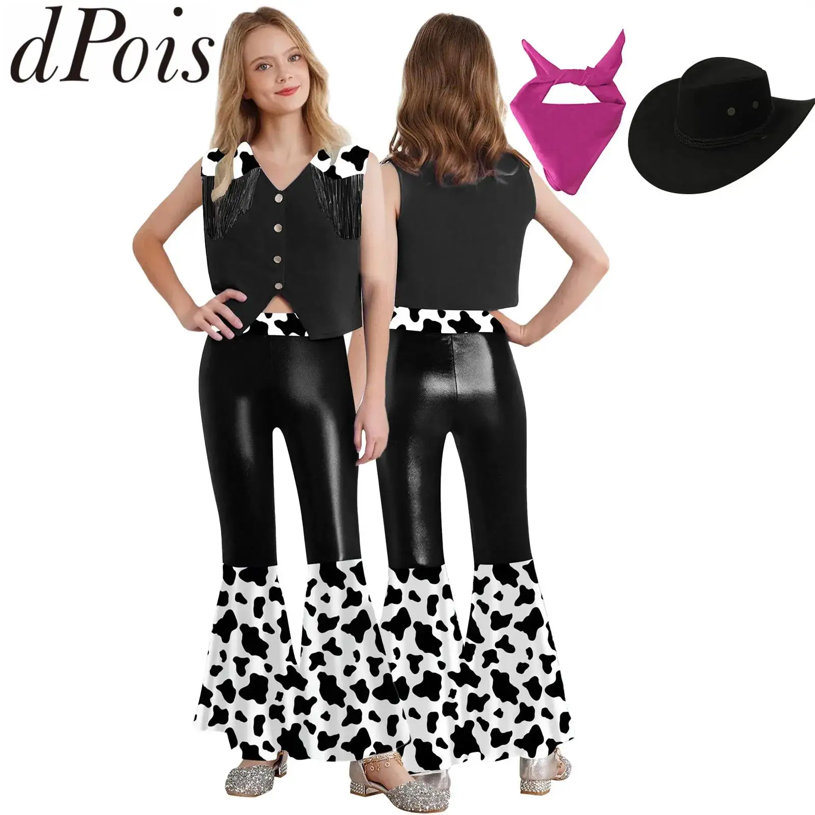 

Вечерний костюм пастушки в стиле вестерн, жилет с бахромой, топ, металлические брюки-клеш с подходящим шарфом, шляпа для джазового диско-танца, наряд