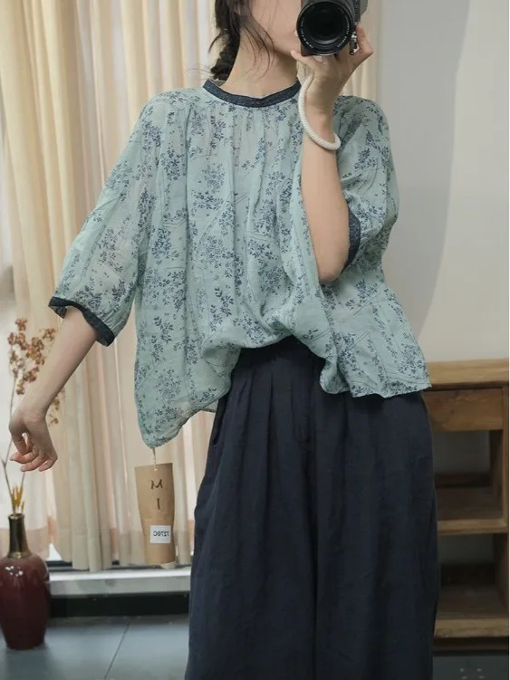 

Летний женский топ свободного кроя с круглым вырезом, с кружевными вставками и принтом, в этническом стиле, больших размеров