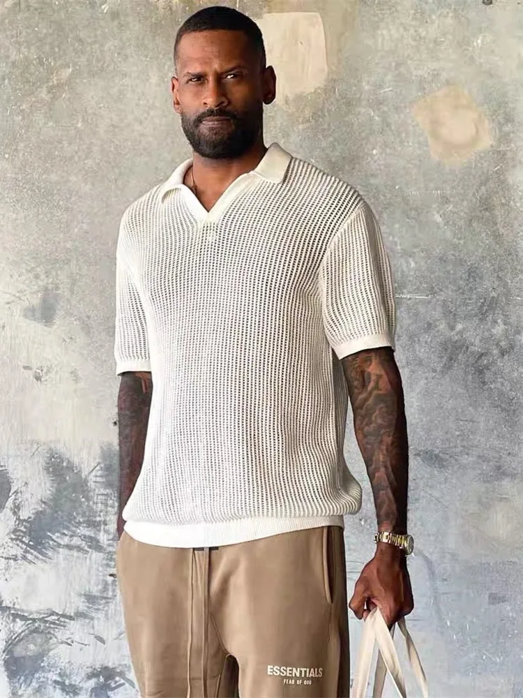 American Street Old Money Style Knitted Mesh Hollow out Casual Collar Short Sleeve T-Shirt Loose Fit Youthful Summer Fashion