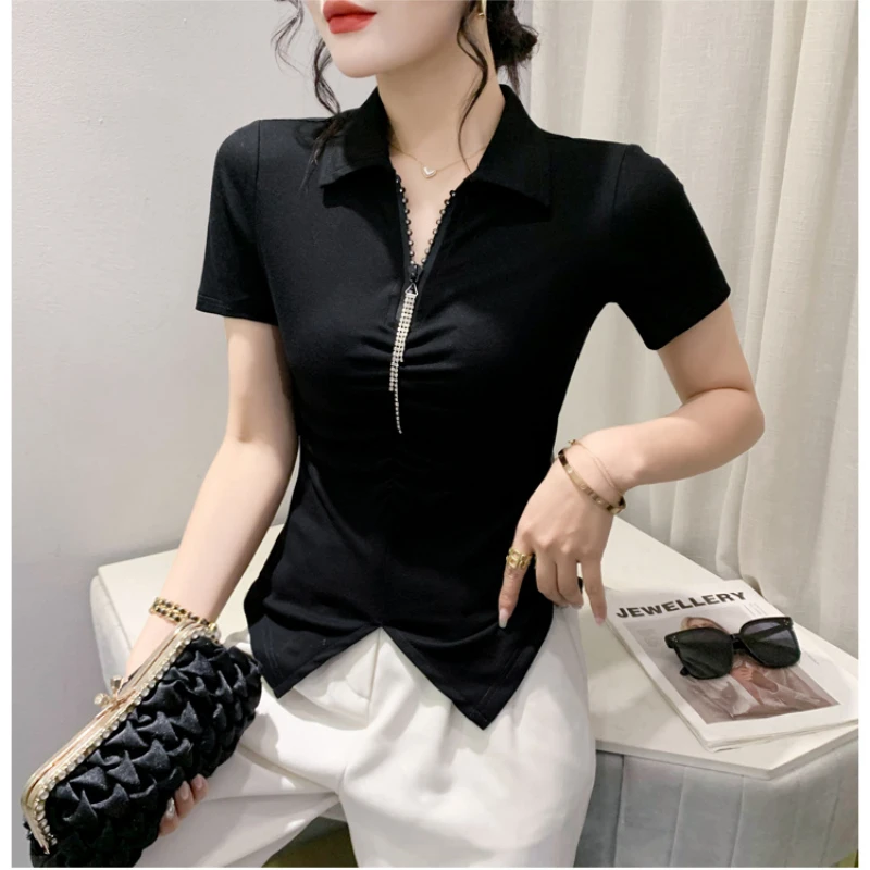 Summer New Design Fashion Korean Temperament Simple Polo Collar Short Sleeve T-shirt Women\'s Zipper Patchwork Folds Slim Fit Top