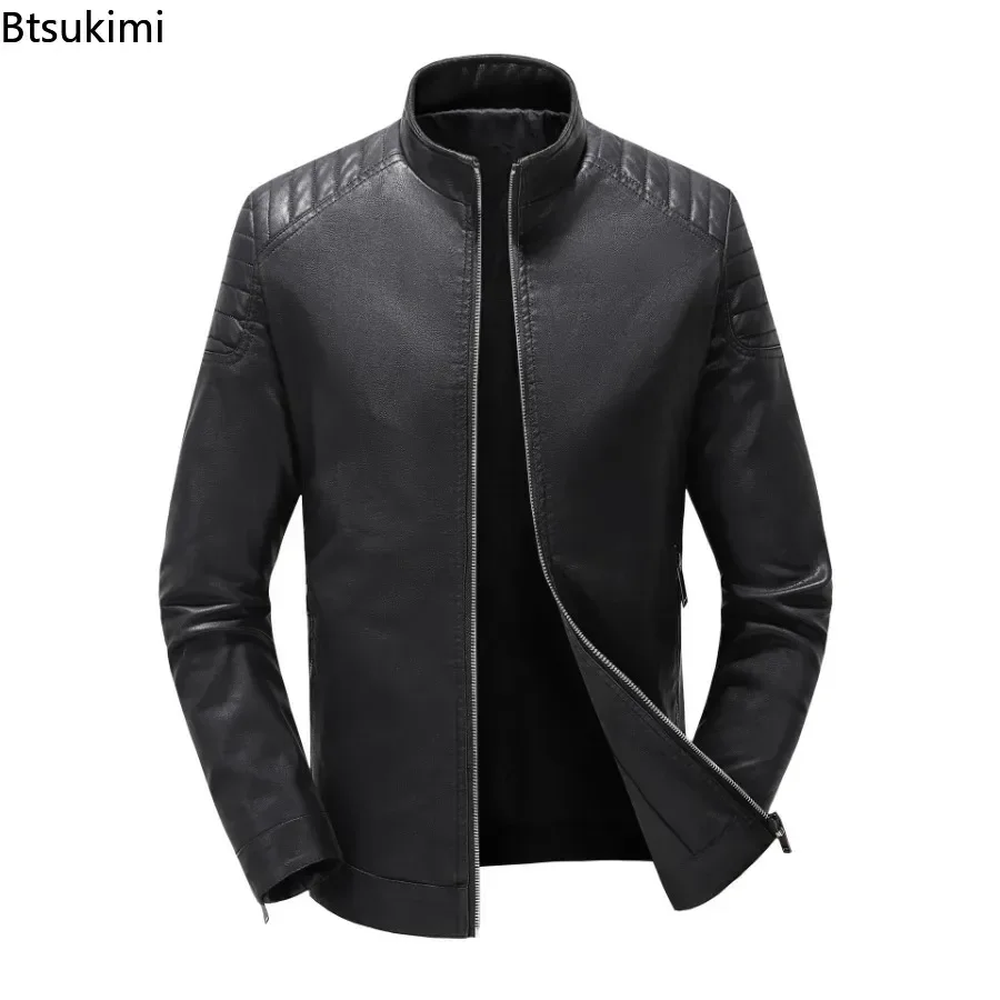 

2026 Men's Luxury Slim Leather Jackets Coats Breathable PU Leather Jacket Tops Solid Stand Collar Casual Leather Outwear for Men