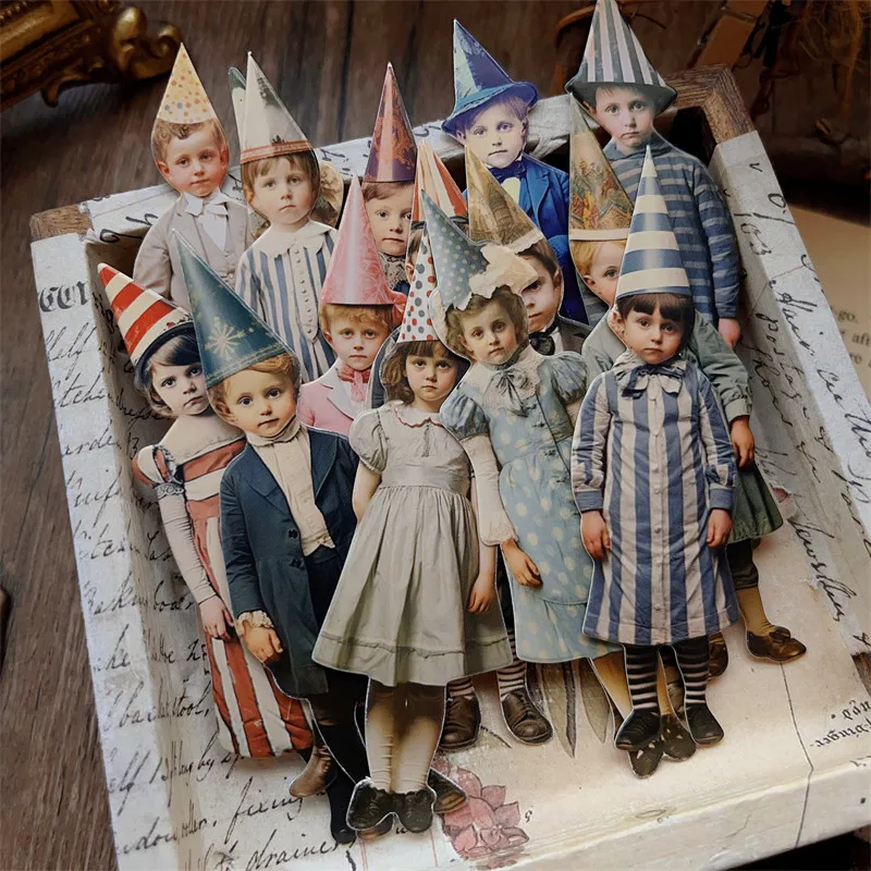 15Pcs Vintage Clown Party Children Paper Doll Cardstock Junk Journal Ephemera Decor Retro Character Paper Scrapbooking Supplies