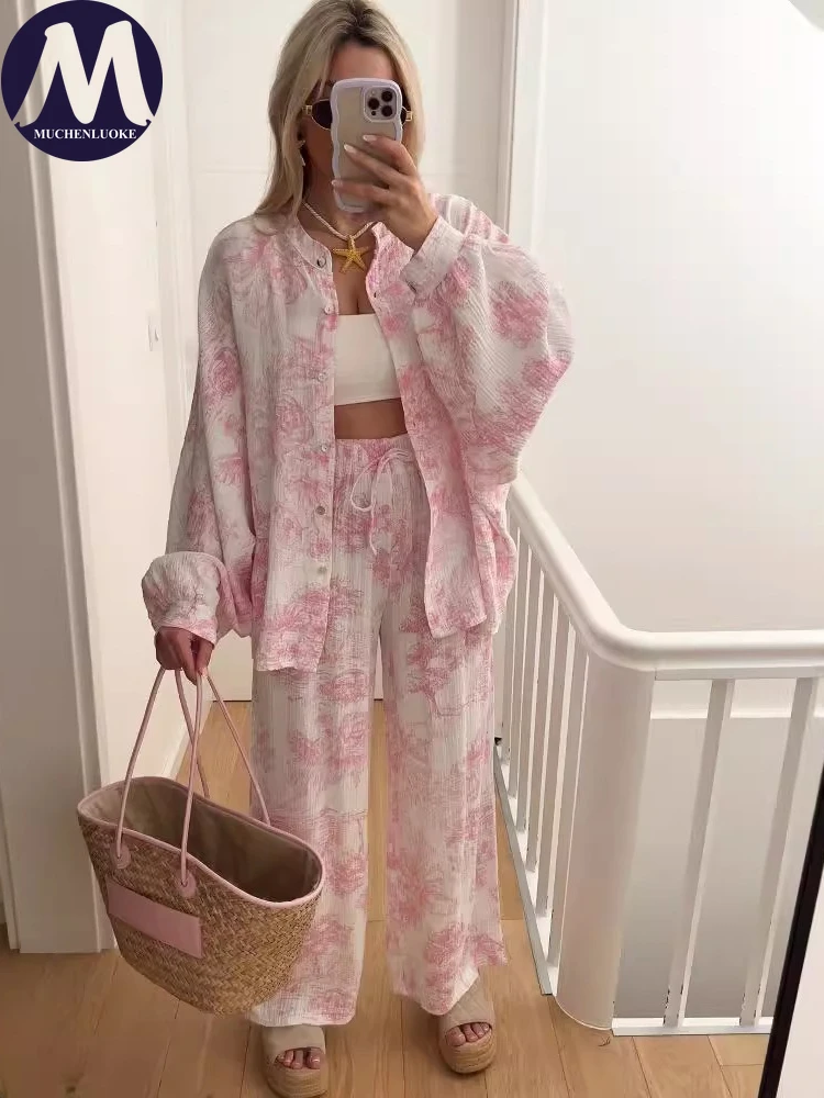 

2 Pieces Set for Woman Summer Autumn New Casual Printed Long Sleeved Shirt Tops Suits Fashionable Loose Wide Leg Pants Sets