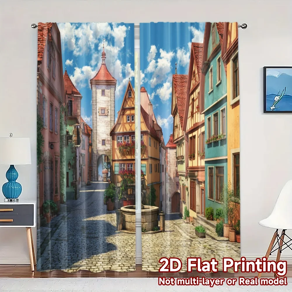 2pcs, 2D FLAT PRINTING Curtains (Without Rod) Old Town Square Popular Creative Curtains Prints Light Filtering Curtains Room