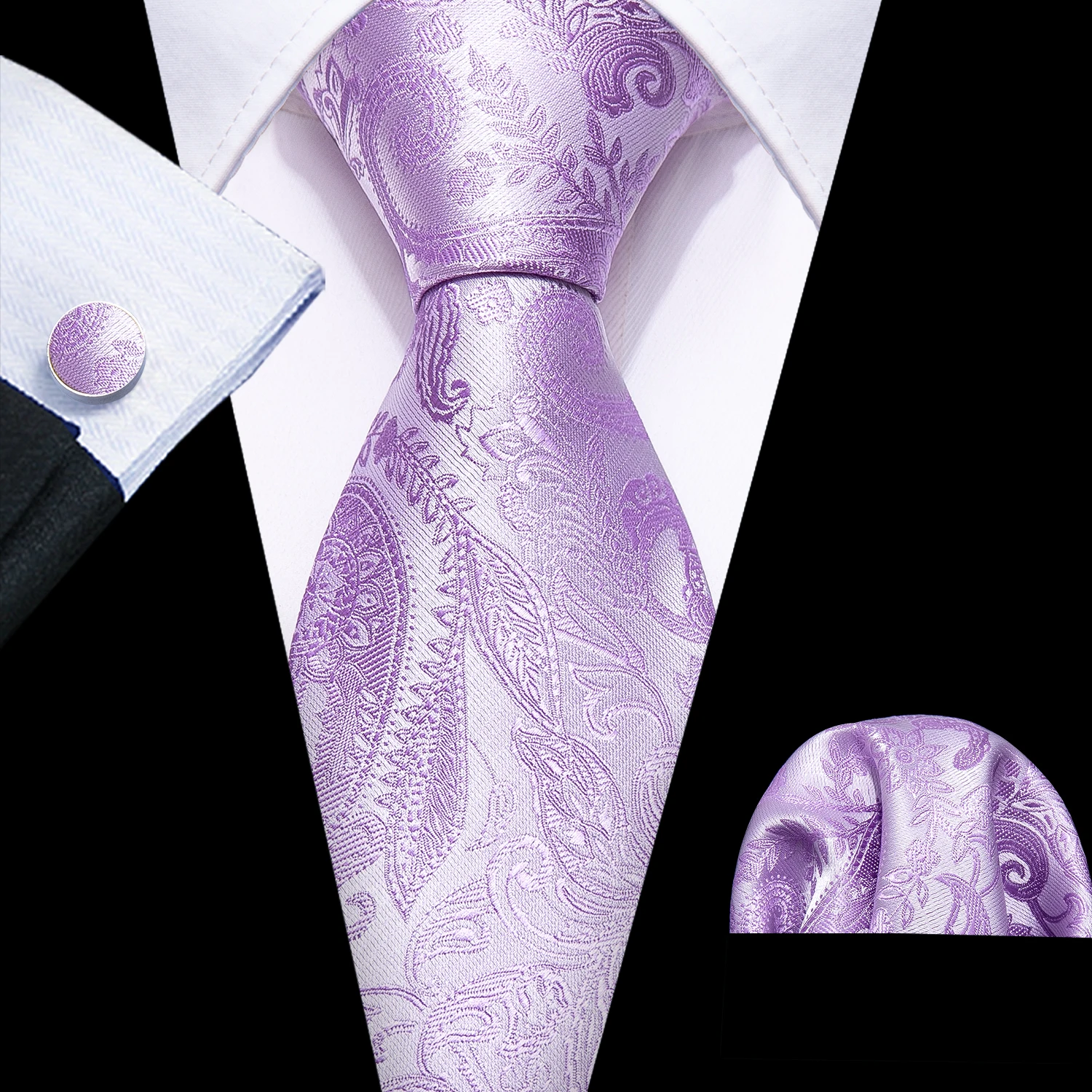 Corbata de diseñador para hombre, corbata de Jacquard, conjunto de gemelos cuadrados de bolsillo, lavanda, púrpura, Floral, regalo de fiesta de negocios de boda
