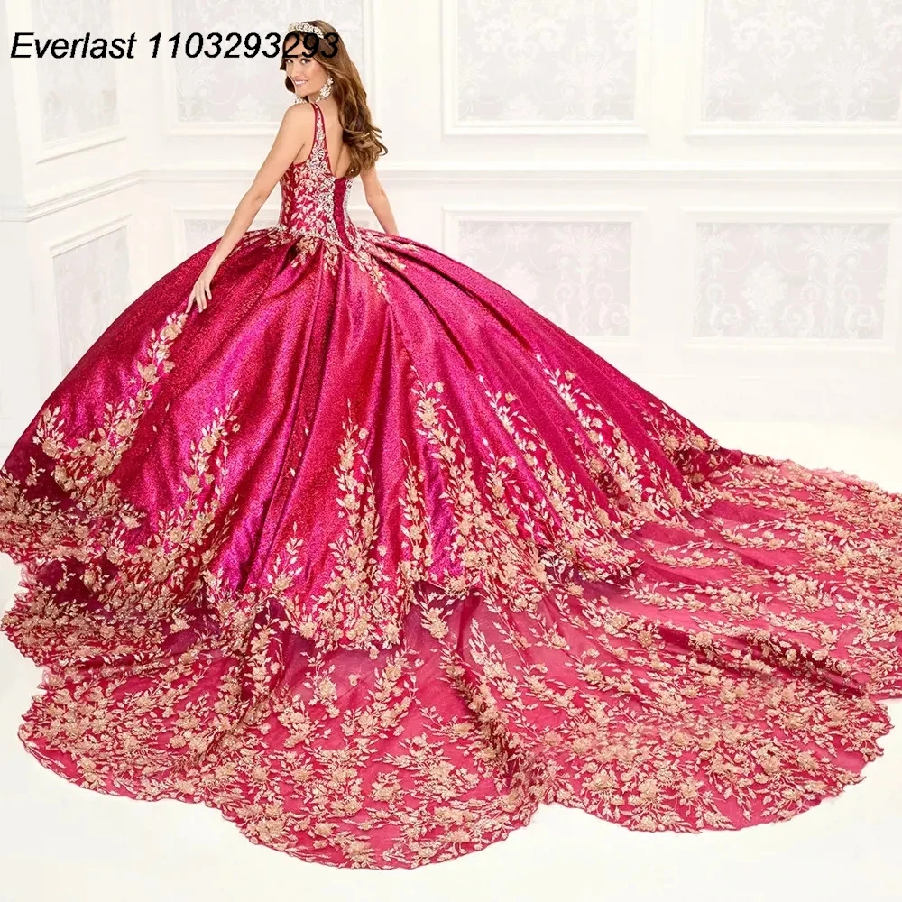 EVLAST Shiny fucsia Quinceanera Dress Ball Gown Gold Lace Applique Beading Crystal con Cape Sweet 16 Vestido 15 De aecos TQD216