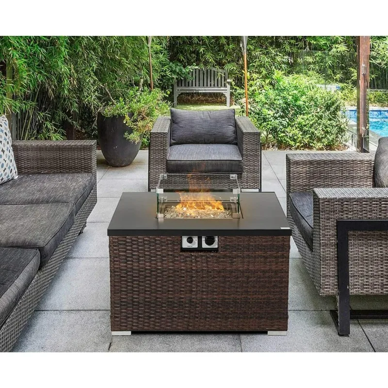 Propane Patio Fire Pit Table with Wind Guard, Lava Rocks and Rain Cover for Outdoor Leisure Party,40,000 BTU 32-inch Fire Table