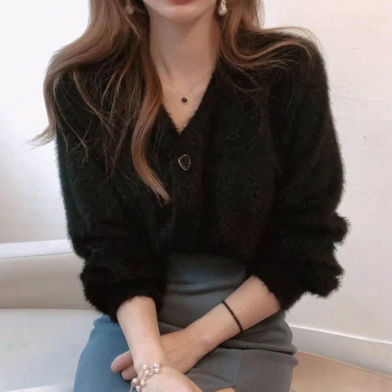 Chique herfstzacht paars V-Ne Ele hartknop nertsen gebreid open vest trui bovenkleding Koreaanse Sle losse pasvorm lang...