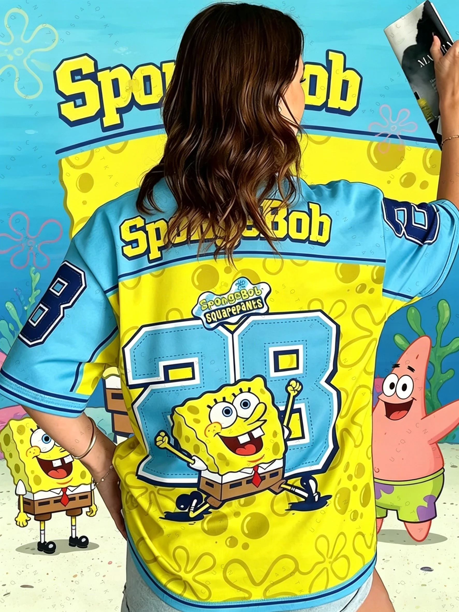 Spongebob Print Loose Oversized T-Shirts für Männer und Frauen, Sommer, V-Ausschnitt, Patchwork, kurzärmelig, Sport-Fußballtrikot, Y2k-Kinderoberteile – Detail 12