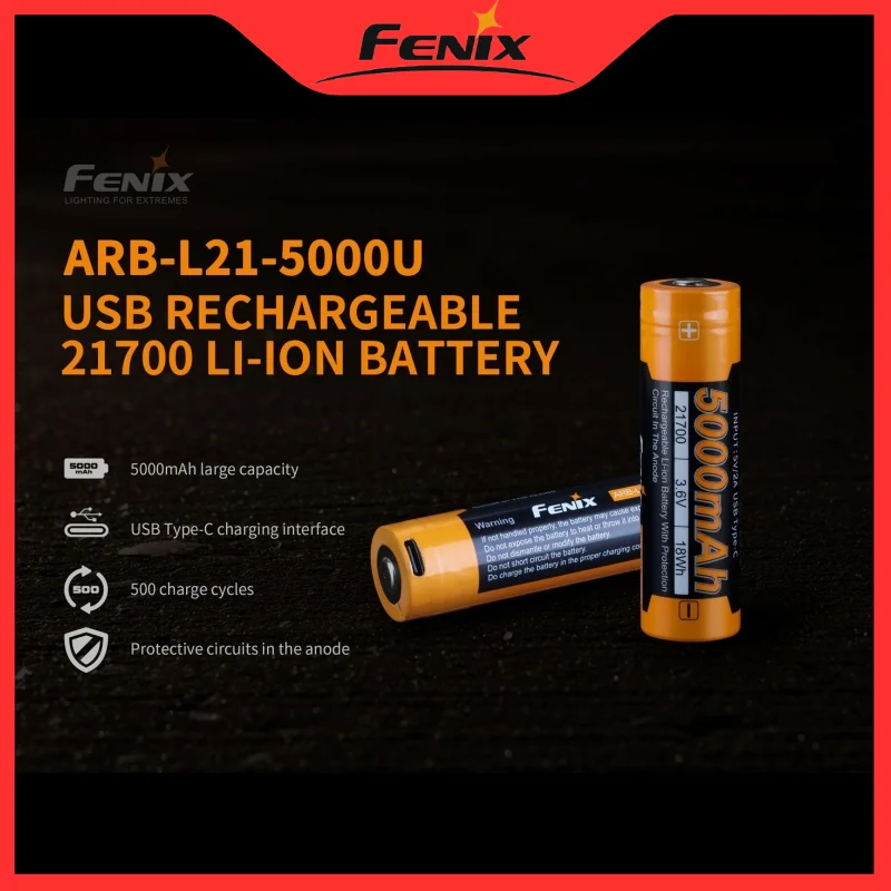 Large Capacity Fenix ARB-L21-5000U Rechargeable 21700 Li-ion Battery with USB Typs-C Charging Interface