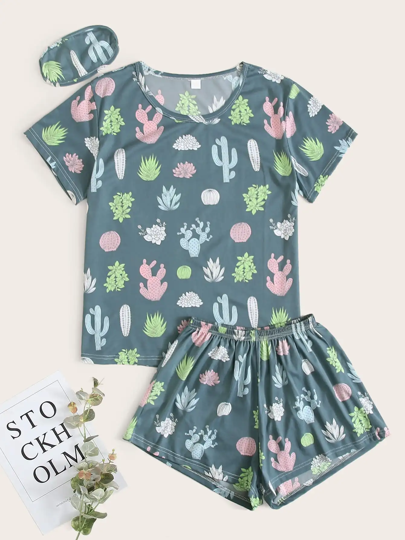 

Cactus Print Short Sleeve Pajama Set with Eye Mask - Teal Green