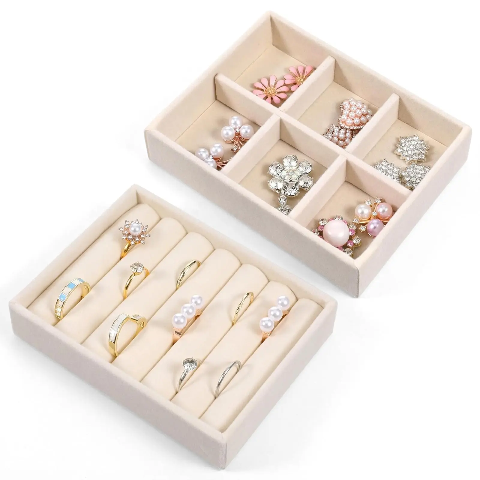 

Набор из 2 штук: Бархатный лоток-органайзер на 6 ячеек для демонстрации колец, маленький органайзер для ювелирных изделий (для колец и ожерелий), для магазинов, демонстраций и домашнего использования