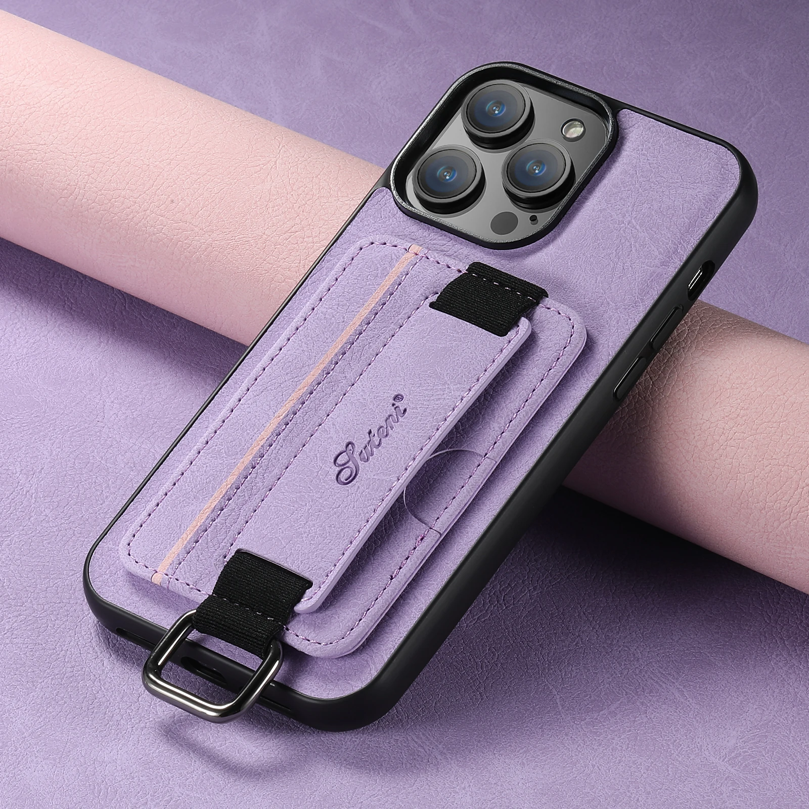 SUTENI Lychee-Haut-Print Handgelenkband Karten-Handyhülle Kartenhalter für iPhone 17 Pro Max 16 Plus 15 14 13 12 11 XR XS – Detail 3