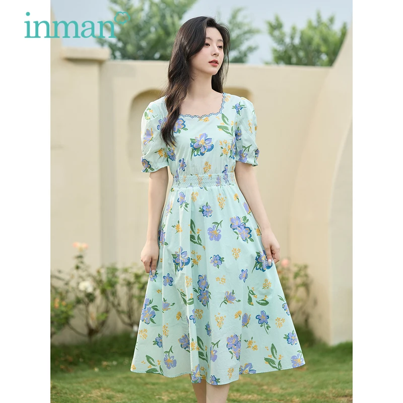 INMAN Women Dress 2023 Summer Short Sleeves Square Neck Pleated High Waisted A-shaped Design Contrast Embroidery Elegant Skirt