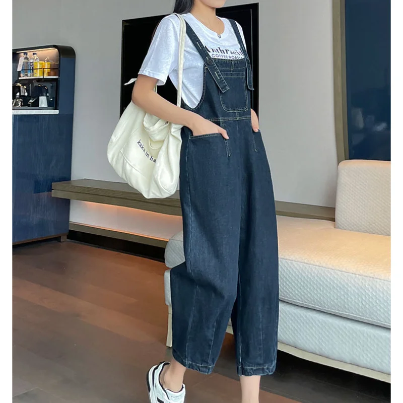 Korean Version of The Popular High-waisted Denim Overalls Women\'s New Loose and Thin Dark Blue Fashion Versatile Jeans Jumpsuit