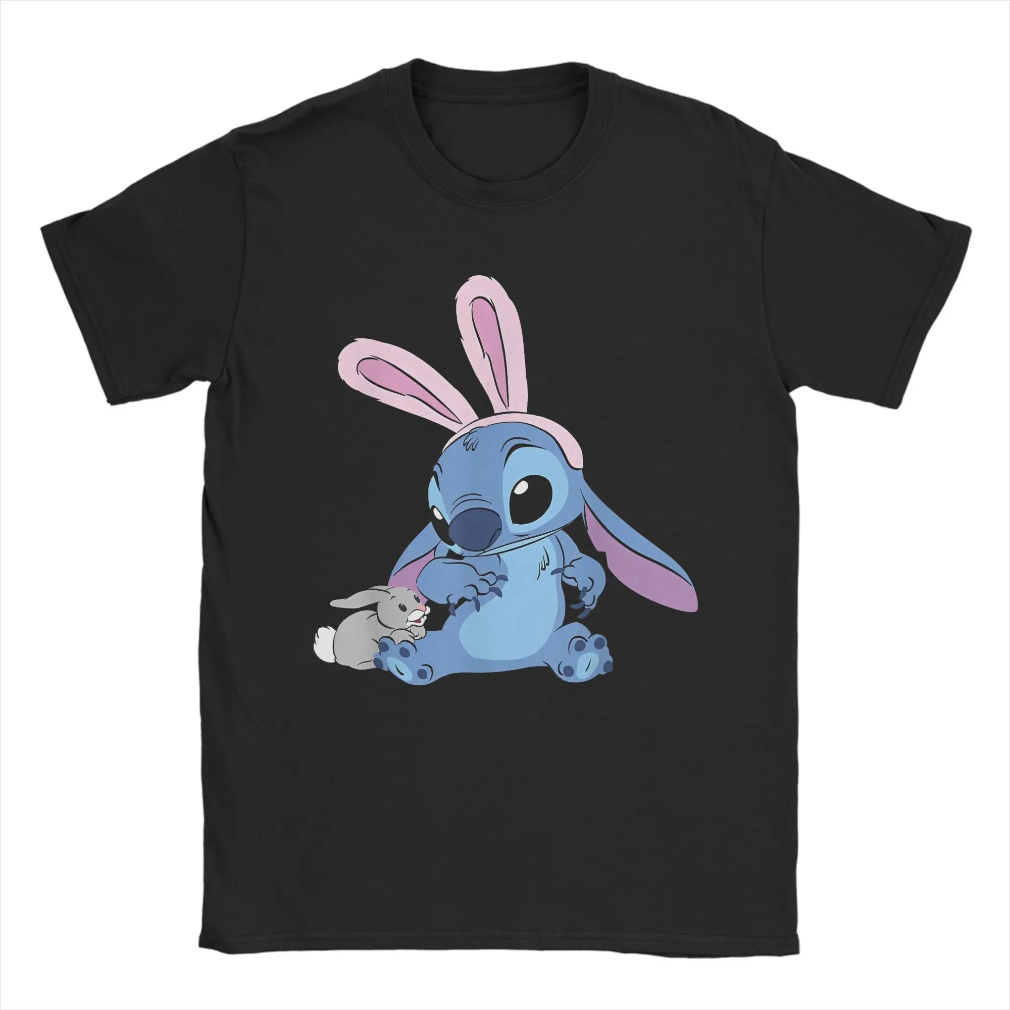 

Men's Stitch in Easter Bunny Costume with Cute Fuzzy Friend T Shirt 100% Cotton Clothing Humor Crew Neck Tees Plus Size T-Shirt