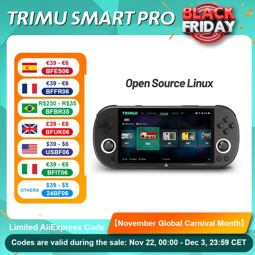 휴대용 게임 콘솔 레트로 비디오 게임 Trimui Smart Pro 4.96\'\'IPS 스크린 Linux 시스템 조이스틱 RGB 조명 Smartpro 2024 New