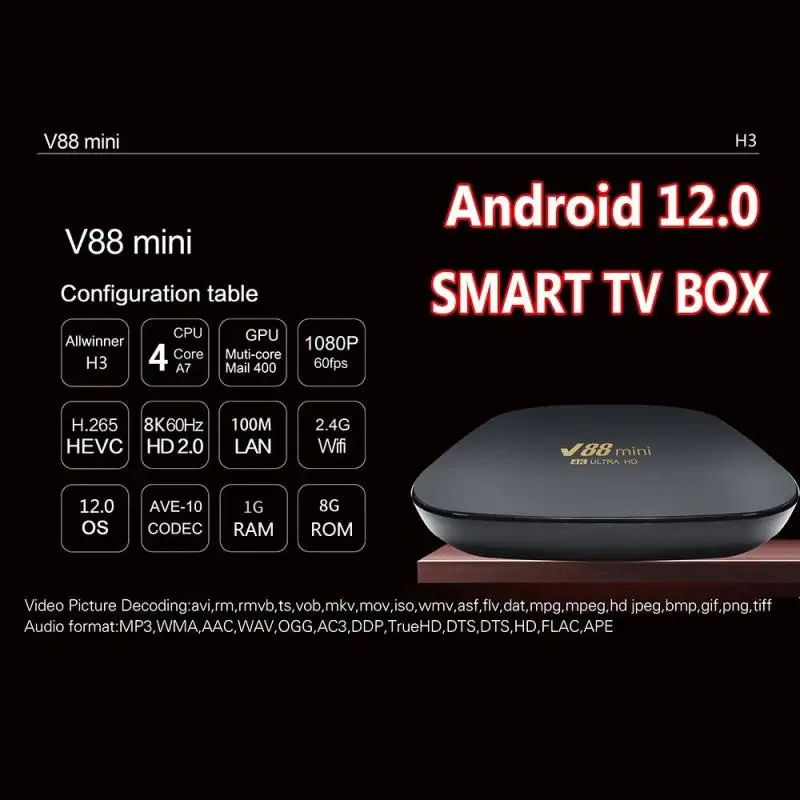 スマートTVボックスV88,Android 12,8GB RAM,1GB ROM,クアッドコア,4K,家庭用メディアプレーヤー