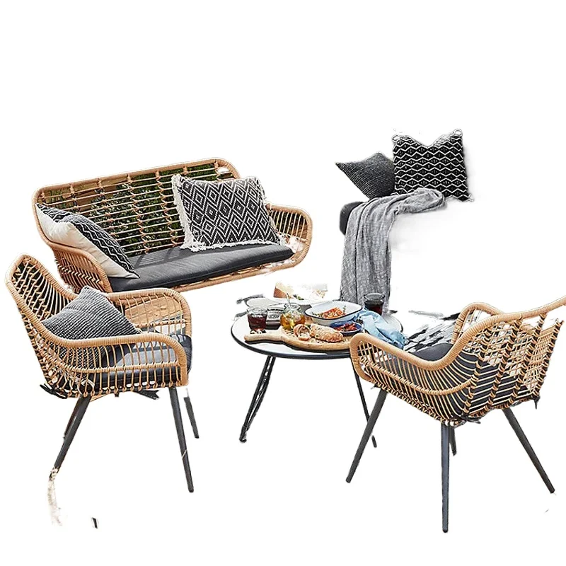 Outdoor villa rattan sofa courtyard balcony waterproof sunscreen table and chair combination open-air homestay