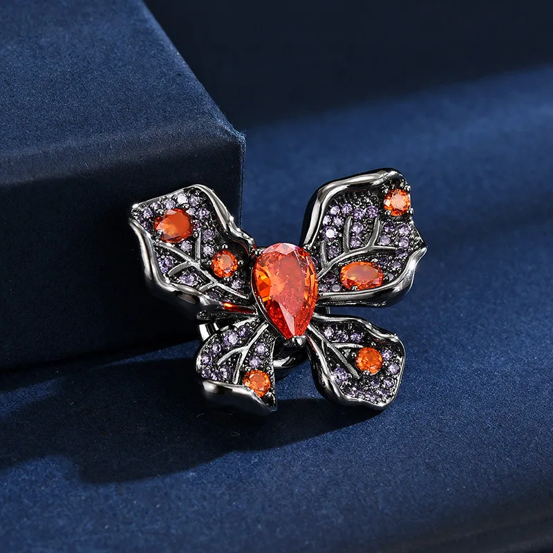 Chinese Style Vintage Gunmetal Black Butterfly Magnetic Lapel Brooch With Orange Purple Crystal Lucky Auspicious Daily Wear Gift