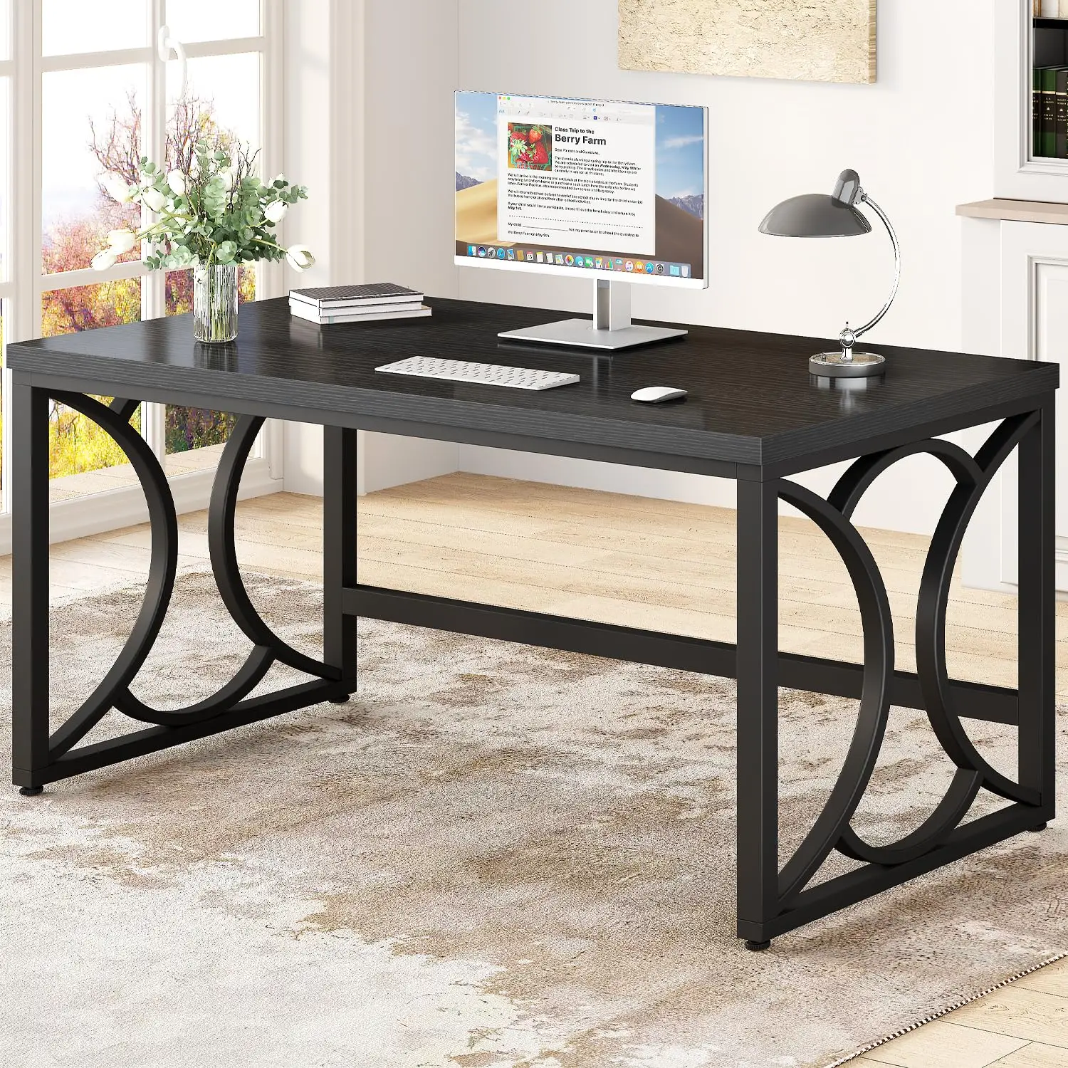 55 Inch Metal Wooden Computer Desk Home Office Writing & Gaming Table Sturdy Frame Easy Assembly, Customized