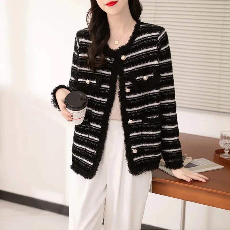 

2024 Spring Autumn New Knitted Small Fragrant Cardigan Sweet Coat Joker Loose Slim Round Neck Long Sleeve Sweater Breasted Coat