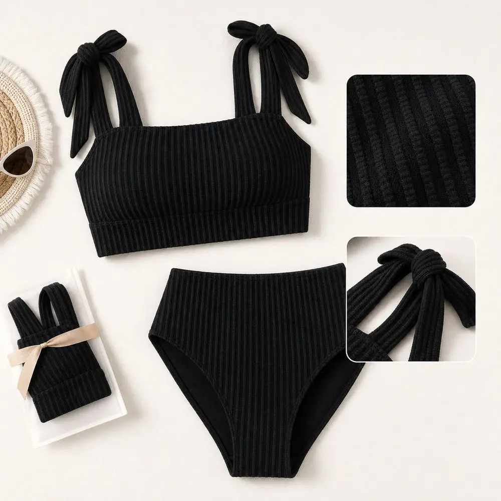 New Ribbed Texture Bikini Set High Waist Cropped Top Swimsuit Set Black Tie Shoulder High Waist Bottom Summer Vacation