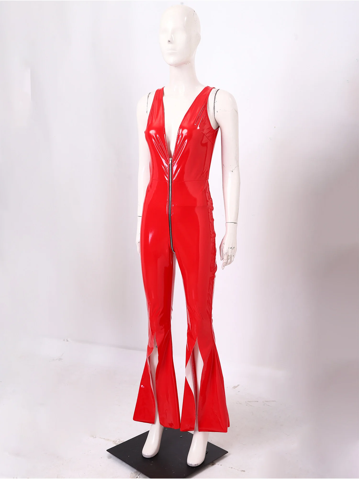 

Women Glossy Faux Leather Catsuit PVC Latex Bodysuit Front Zipper Deep V Open Crotch Jumpsuits Bodystocking Clubwear Costumes