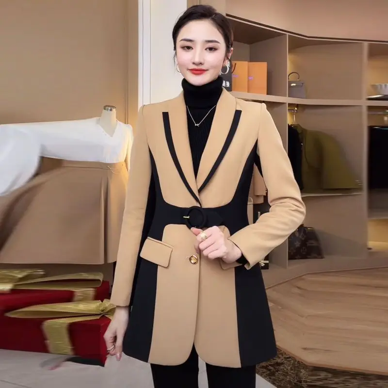 

Spring 2023 Women Korean Loose Waist Fashionable Grace Small Coat New Khaki Splice Contrast Medium Long Suit Jacket Female