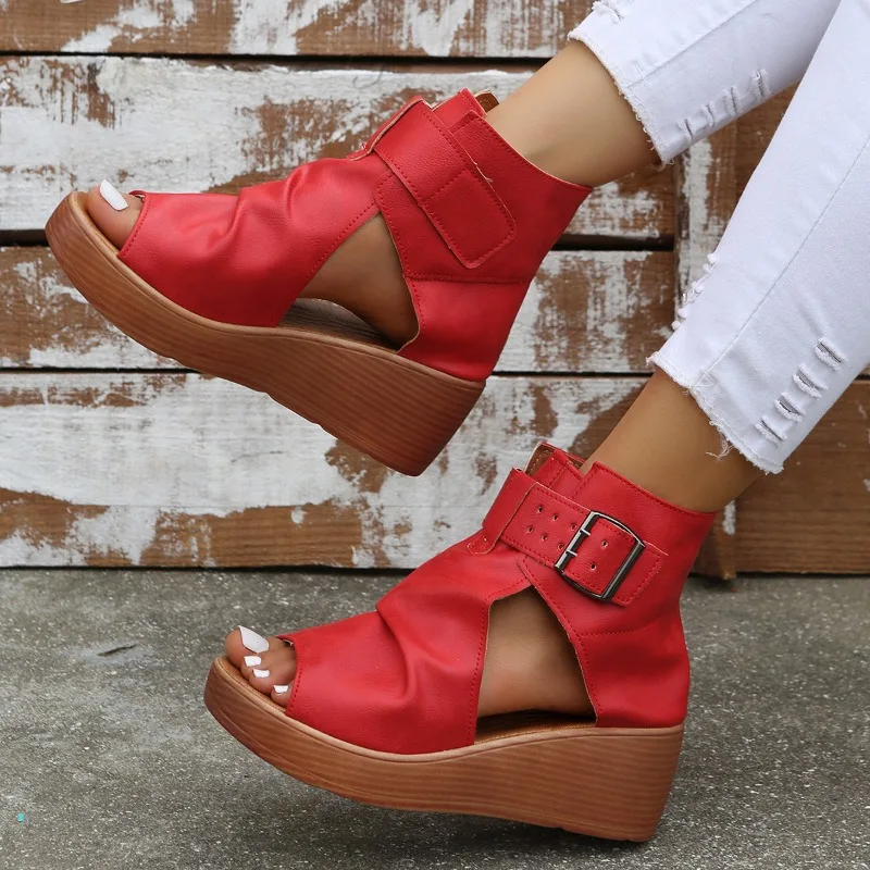 2023 New Fashion Ladies Sandals Wedges Pu Open Toe Summer Fashion Female Gladiator Solid Color Sandals Platform Shoes for Women