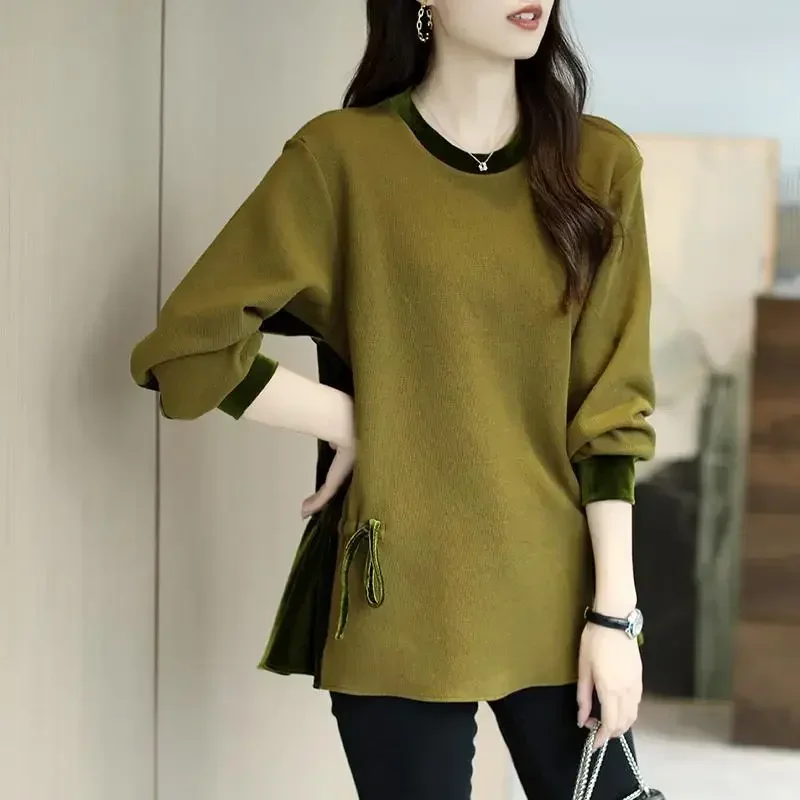 Moda o-pescoço emendado solto shirring bandagem blusas roupas femininas 2023 outono inverno oversized casual topos camisas de viajante