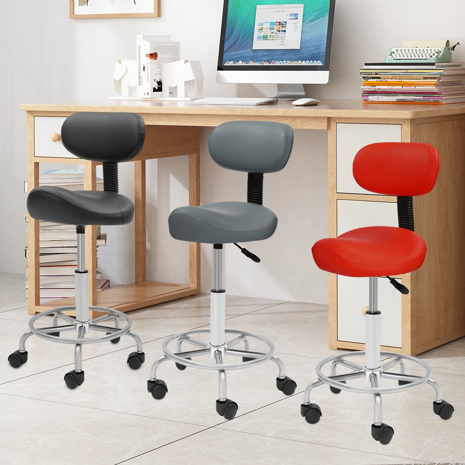 Lift Rotating Bar Stool Seat With Backrest , PU Leather Adjustable Lifting Saddle Stool Chair Seat Red/ Black/ Grey