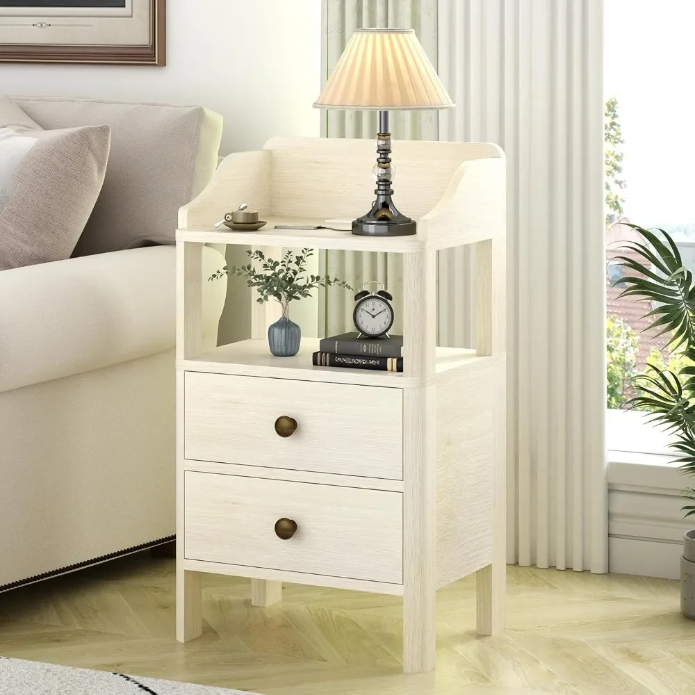 

Night Stand 15.75-inch Narrow Nightstand with USB and Type-c Ports 2 Drawers and Open Shelves Modern Nightstand