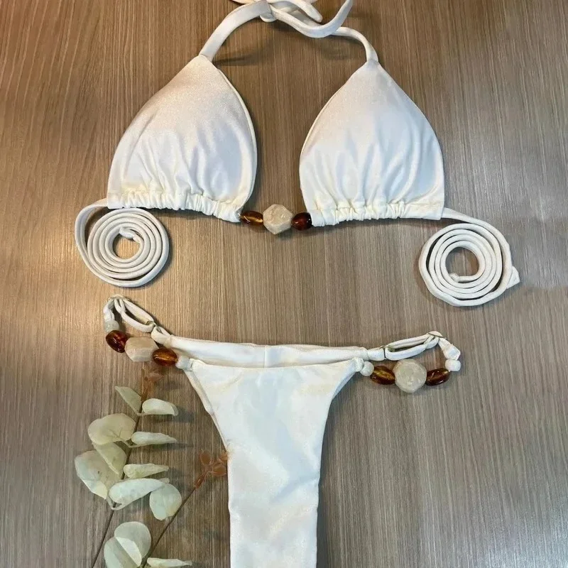 Novo 2025 feminino micro conjunto de biquíni contas decoração cinto maiô sexy halter-pescoço sem costas roupa de banho com cordão beachwear