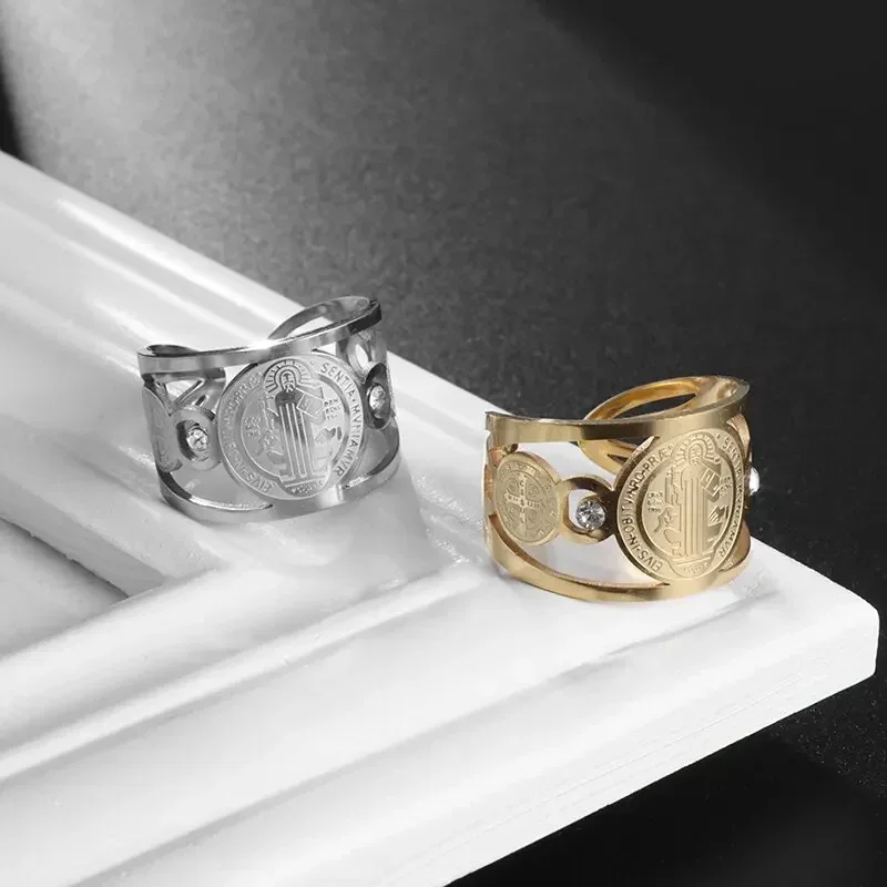 Mens Women New Adjustable Size Stainless Steel Catholic Exorcist Saint Benedict Religious Ring Jewelry Gift