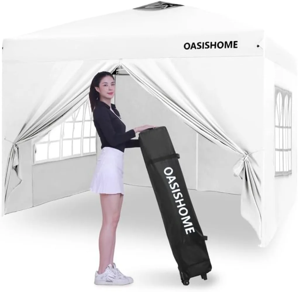 Pop-up Gazebo Instant Portable Canopy Tent 10'x10', with 4 Sidewalls, Windows, Wheeled Bag, for Outdoor/Wedding Parties,White