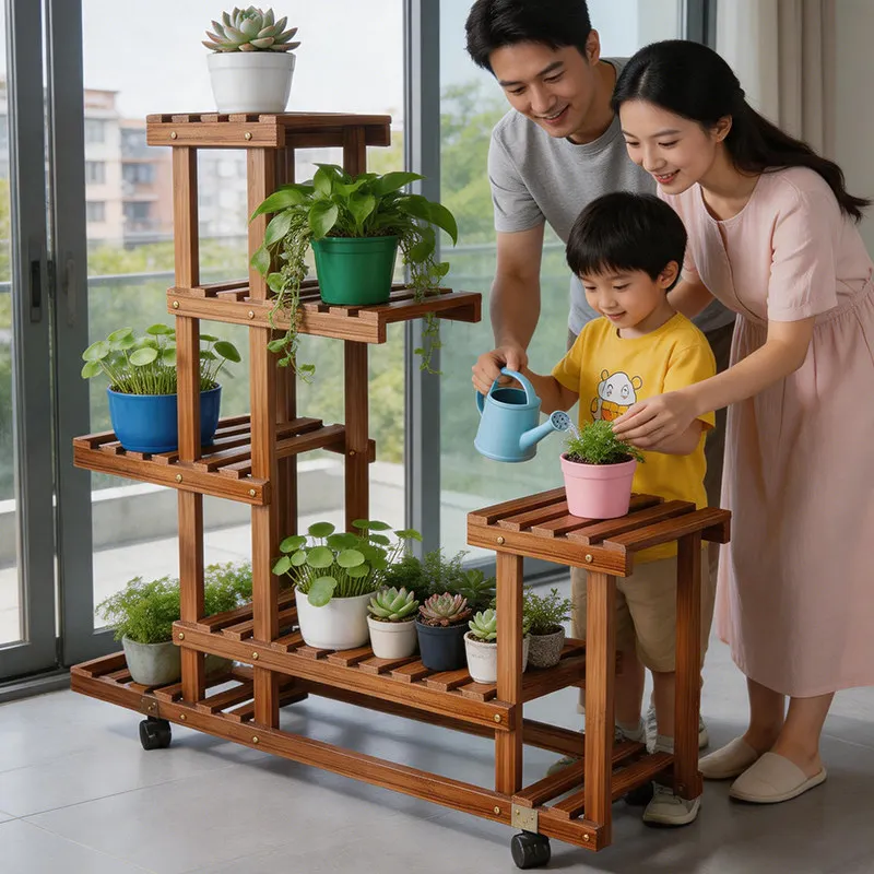 Extra Large Premium Sturdy Solid Wood Multi-Tier Rolling Plant Stand with Baskets, for Succulents, Living Room, and Cat Climbing