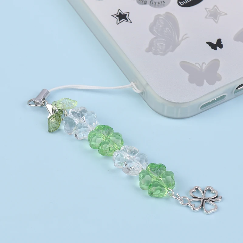 Y2K Trendy Beaded Phone Lanyard Lucky Four Leaf Clover Mobile Phone Chain Fashion Cell Phone Chain Keychain Girl Gifts