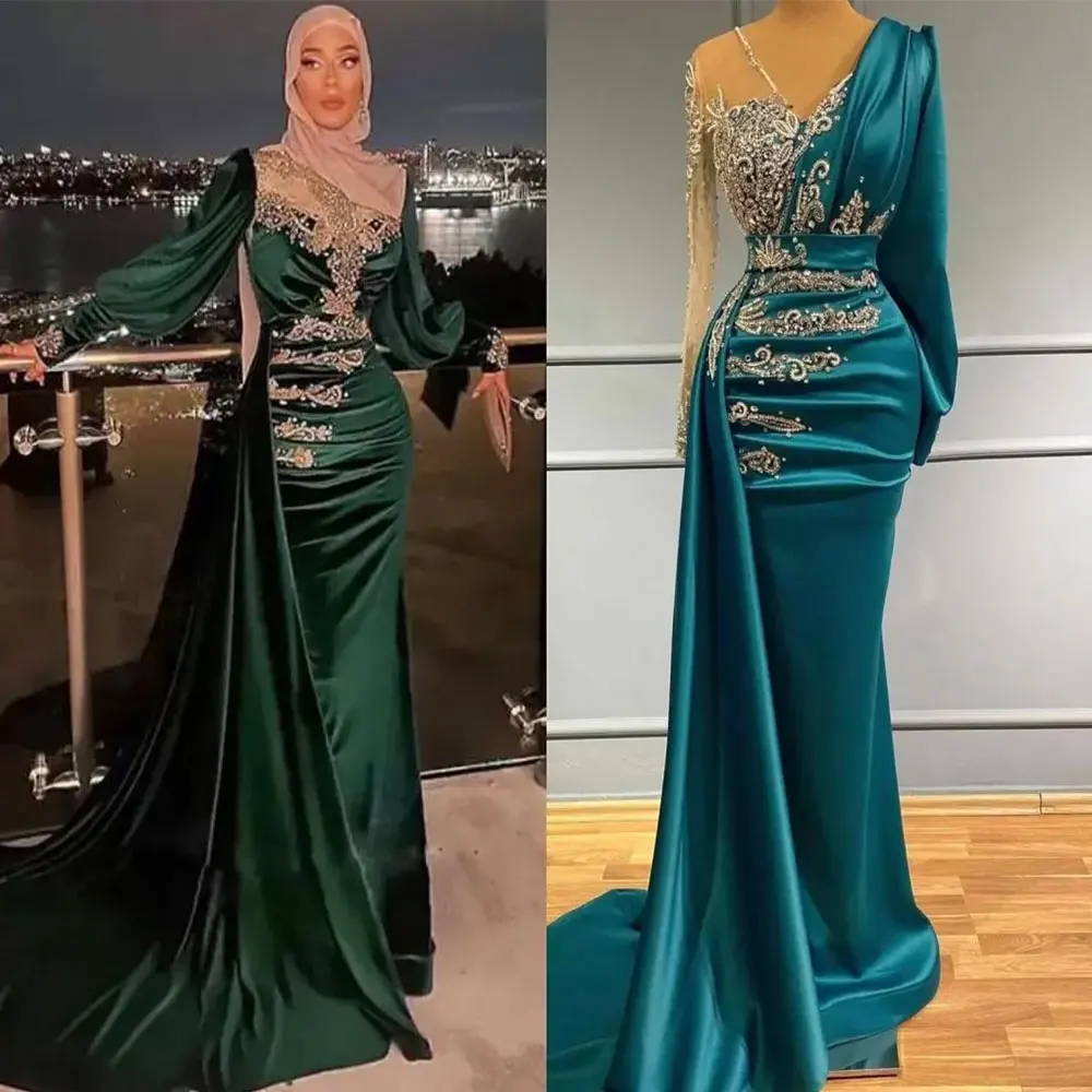 Vestidos de Noche musulmanes de manga larga, vestidos de baile de sirena fruncidos, color verde esmeralda, manchas de cuentas de cristal, Turquía, Dubái árabe