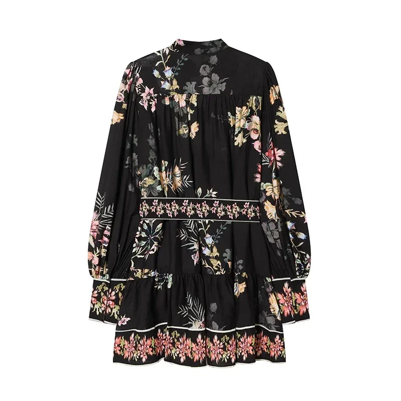 Picture 5: Women's Short Dress Fashion Lace-up Print Dresses Spring Women V-Neck Long Sleeves Dresses Vintage Female Elegant Party Dresses