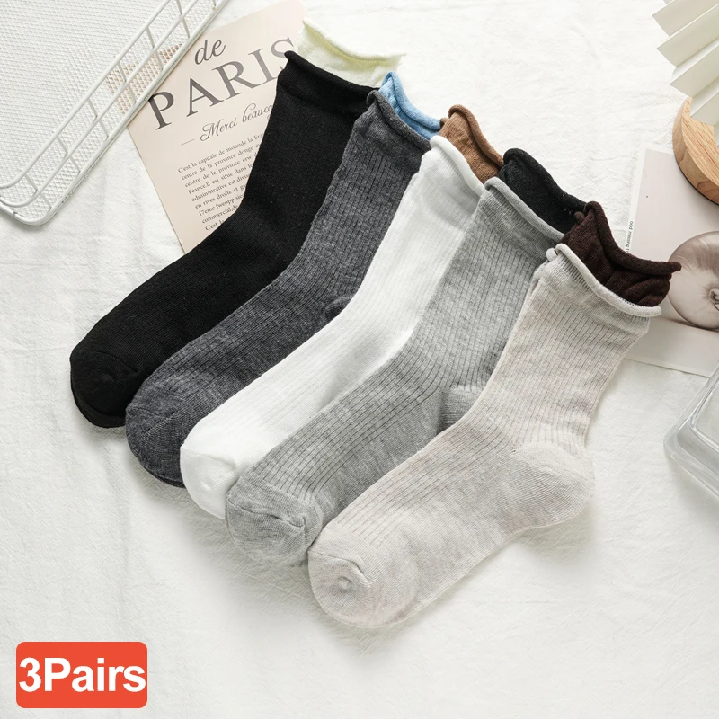 

3 Pairs Women's Socks Breathable Fake Two Pieces Fashoin Cotton Socks Striped Simple Solid Comfortable Autumn Middle Tube Sock