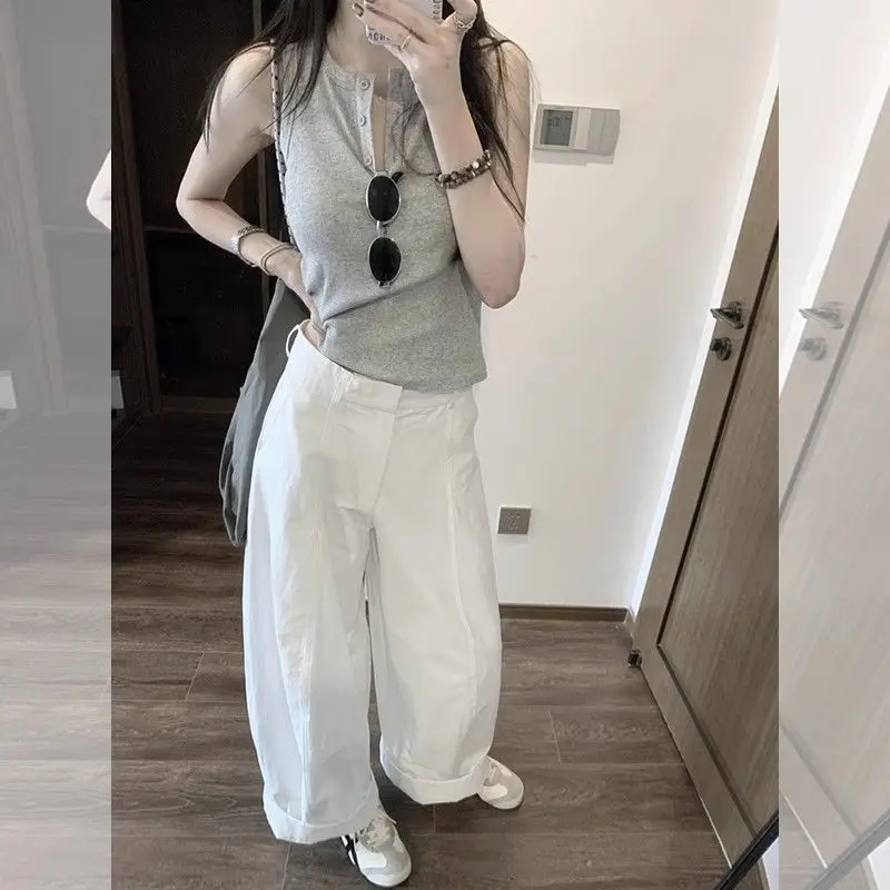 Chaleco ajustado sin mangas gris informal para mujer, pantalones de pierna ancha blancos, conjunto de 1 o dos piezas, camisetas sin mangas sólidas básicas de verano 2025, traje de pantalones